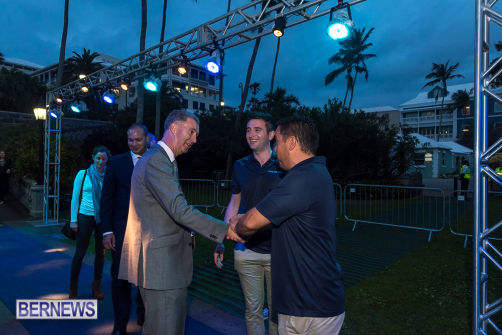 Series producer Andrew Smith introduces His Excellency The Honourable George Ferguson to Ocean Vet marine biologist Choy Aming.
